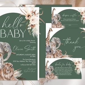 May include: A green and white baby shower invitation with a watercolor illustration of a giraffe, elephant, zebra, leopard, and lion. The invitation includes the text "hello baby", "Olivia Smith", "Saturday, August 26th at 3pm", "The Smith Residence", "2335 Your Address, Your Town 2335", "RSVP to Eva at 234 567 3454", and "Registered at Target and Amazon".