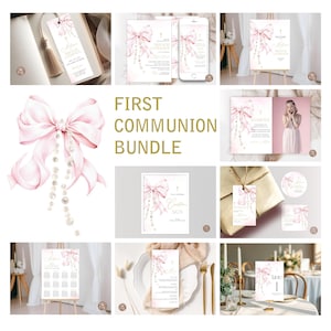 Editable First Holy Communion Invitation Bundle with Pink Bow and Pearls. Elegant Girl 1st Communion Card Set. Soft Pastel Pink Bow, Beads.