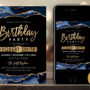 Editable Birthday Party Invitation. Agate Birthday Party Invite. Adult Mens Womans Birthday Party. Blue Agate and Gold Birthday Invite.