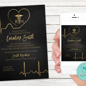 Editable Nursing Graduation Invitation. Registered Nurse Invitation. RN invite. Licensed Vocational Nurse. Gold & Black Invite. Chalkboard.