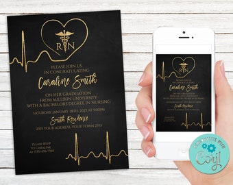 Editable Nursing Graduation Invitation. Registered Nurse Invitation. RN invite. Licensed Vocational Nurse. Gold & Black Invite. Chalkboard.