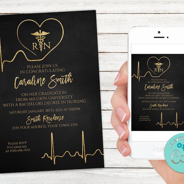 Editable RN Graduation Invitation, Gold & Black Chalkboard (Digital)