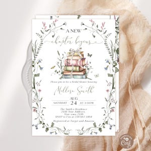 Editable A New Chapter Begins Bridal Shower Invitation with Bow. Her Next Chapter Begins Bridal Shower Invite. Wildflowers Butterfly Books.
