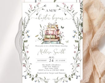 Invitación editable para despedida de soltera "Comienza un nuevo capítulo" con lazo. Invitación para despedida de soltera "Comienza su próximo capítulo". Libros de mariposas y flores silvestres.