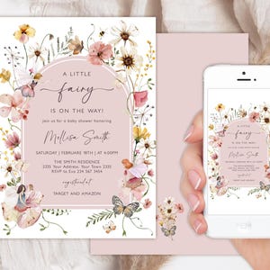 Editable Fairy Wildflowers Baby Shower Invitation. A Little Fairy Baby Shower Invite. Magical Whimsical Fairy Pink Boho Rustic Floral Shower