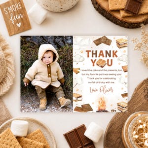 Editable S'mores First Birthday Thank You Card, Rustic Campfire Photo Note (Digital Download),  Fall  Backyard Camping Party