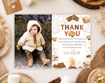 Editable S'mores First Birthday Thank You Card, Rustic Campfire Photo Note (Digital Download),  Fall  Backyard Camping Party