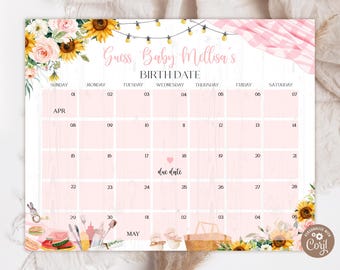Editable Pink Baby-Q Shower Due Date Calendar Game. Guess Baby's Birthday. Birthday Prediction Baby Shower Games. BBQ Baby Girl Shower.