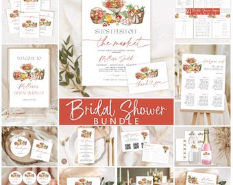 May include: A bridal shower stationery bundle featuring watercolor illustrations of market baskets filled with produce. The set includes invitations, signs, menus, thank you cards, and game cards with text such as "She's fresh off the market" and "Bridal Shower Bundle."