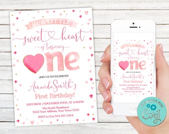 Editable Little Sweetheart First Birthday Invitation. Valentine's Day Party. Pink Gold Hearts First Birthday Invite. First Party.