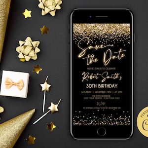 Bearbeitbare Save the Date-Geburtstags-Party-Einladung. Glitzer Gold Neon Save the Date Evite. Elektronische Geburtstag Save the Date. Telefon Text Evite