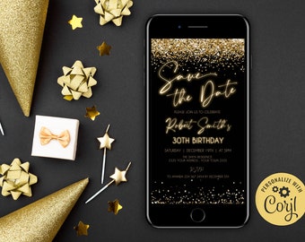 Editable Save the Date Birthday Party Invitation. Glitter Gold Neon Save the Date Evite. Electronic Birthday Save the Date. Phone Text Evite