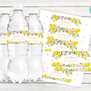 Editable Lemon Baby Shower Water Bottle Labels. Floral Lemon Baby Shower. Lemonade Baby Shower. Summer Citrus Baby Shower.