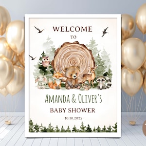Letrero de bienvenida para baby shower editable Let the Adventure Begin. Letrero de bienvenida para baby shower con animales del bosque y vegetación. Letrero para baby shower. Oh Boy Animals.