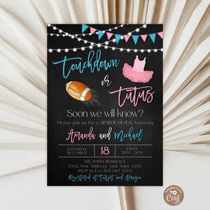 Invitación para revelar el sexo del bebé con temática de "Touchdown or Tutus" (Artículo digital editable). Invitación para niña o niño. Él o ella.