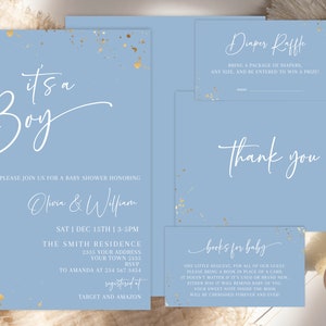 Editable Boho Minimalist Baby Shower Invitation Set. It&#39;s a Boy Baby Shower. Dusty Modern Pastel Blue. Simple Boho Baby Shower Template.