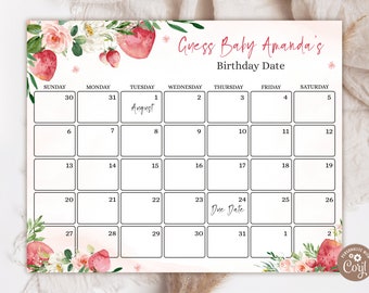 Strawberry Baby Shower Baby Due Date Calendar Game. Guess Baby's Birthday. Berry-Sweet Birthday Prediction. Strawberry Games. Summer Shower.