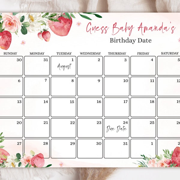 Strawberry Baby Shower Baby Due Date Calendar Game. Guess Baby's Birthday. Berry-Sweet Birthday Prediction. Strawberry Games. Summer Shower.