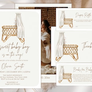 Editable Boho Baby Shower Invitation Set. Baby Shower Invitation Boy. Modern Boho Baby Shower. Back Side with Photo. Blue Crib Watercolor.