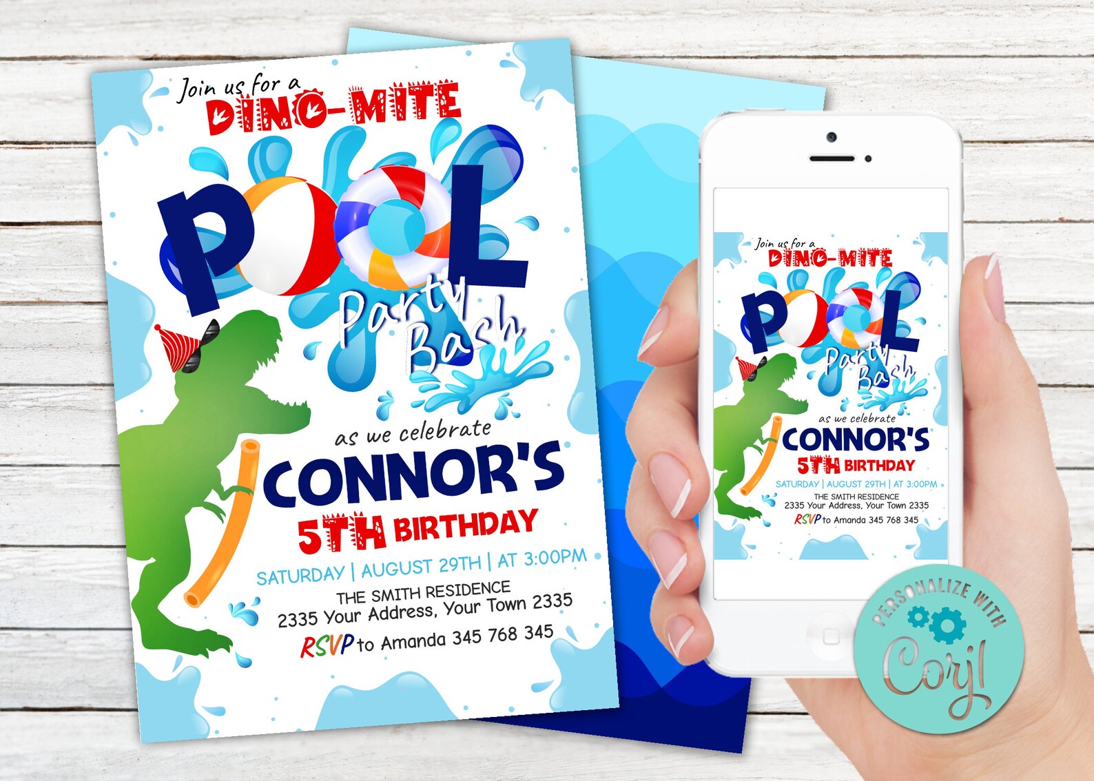 Editable Dinosaur Pool Party Invitation. Dinosaur Birthday Etsy