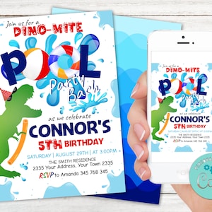 Editable Dinosaur Pool Party Invitation. Dinosaur Birthday Invitation. Dino-Mite Pool Bash Party. Dino T-Rex Boy Bash. Boy Birthday. Any age