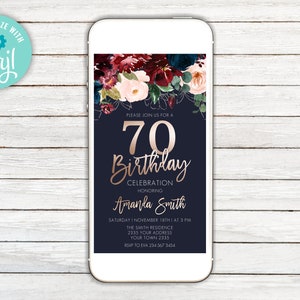 Electronic 70th Birthday Invitation. Editable Birthday Invitation. Rose Gold Glitter Birthday Party Invitation. Adult Birthday Invite.