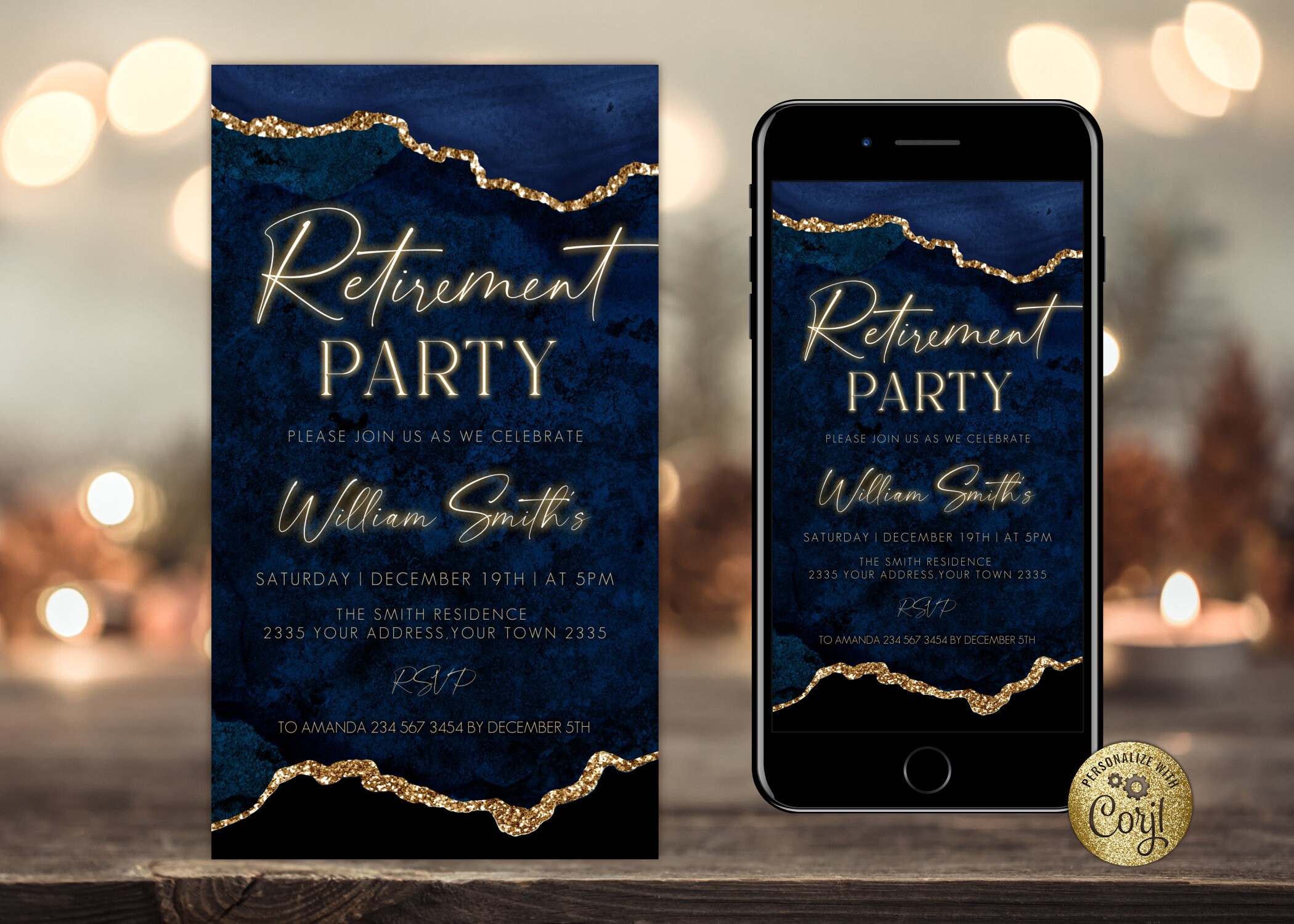 Editable Agate Retirement Party Digital Invitation. Blue and Gold Retirement Party Invite. Blue Agate and Gold. Mobile Text Evite.