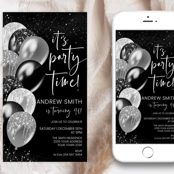 Editable Birthday Party Invitation. White Black and Silver Balloons. Adult Birthday. Silver Confetti Smartphone Modern Text Message Invite.
