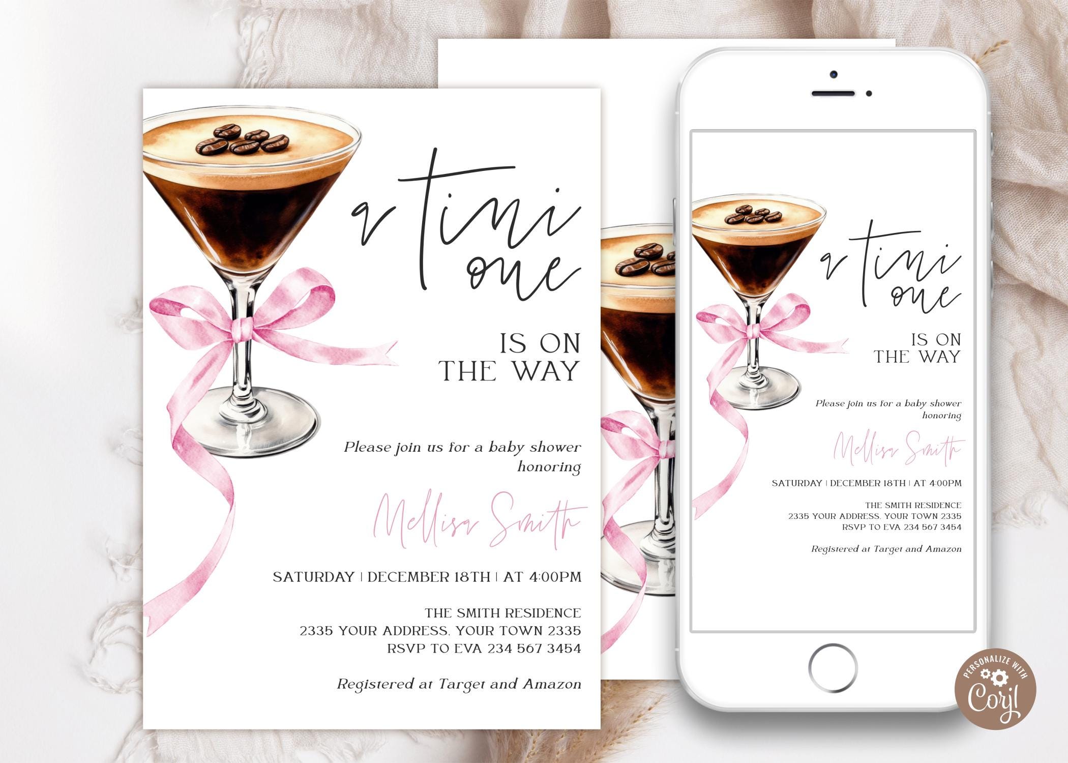 Editable Espresso Martini Baby Shower Invitation. A Tini One is On the Way Baby Shower. Pink Bow Coffee Martini Baby Shower Modern Invite.