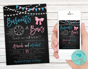 Editable Burnouts or Bows Gender Reveal Invitation. Girl or Boy Invitation. Coed Couples Shower. Cars Wheels Trucks. Gender Reveal Shower.