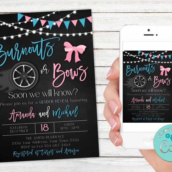 Editable Burnouts or Bows Gender Reveal Invitation. Girl or Boy Invitation. Coed Couples Shower. Cars Wheels Trucks. Gender Reveal Shower.