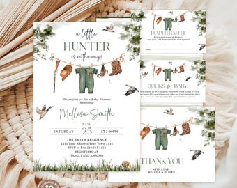 May include: A set of baby shower stationery featuring a hunting theme with watercolor illustrations of a rifle, hat, green onesie, and cowboy boots hanging on a clothesline, surrounded by ducks and greenery, with printed event details and text.