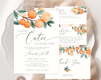 Editable Little Cutie Baby Shower Invitation Set. A Little Cutie is on the Way Invite. Orange Baby Shower Invitation. Citrus Clementine.
