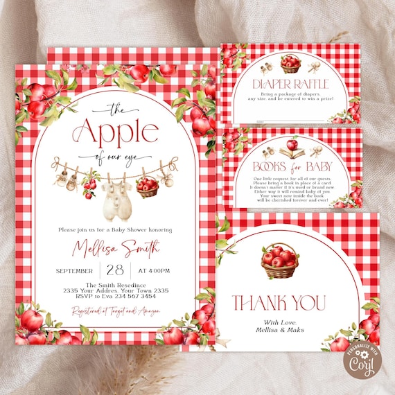Editable Apple Baby Shower Invitation Set. The Apple Of Our Eye Baby Shower Invite. Autumn Shower. Apple Fall Girl Baby Clothes Baby Shower.