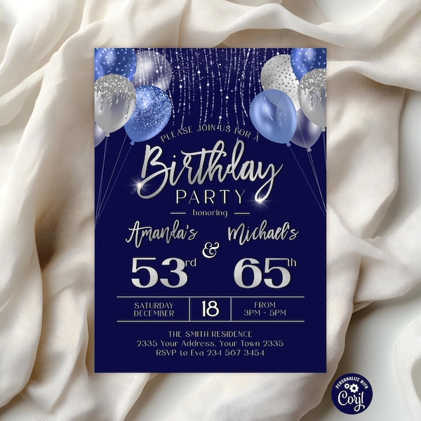 Bearbeitbare Einladung zum Geburtstag für Erwachsene. Kombi-Party Co-Geburtstag. Luftballons in Marineblau und Silber zum Geburtstag.