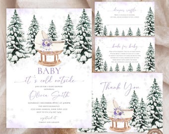 May include: Baby shower invitation set with a winter theme. The invitation features a baby carriage, snow-covered pine trees, and the text "Baby it's cold outside." Includes diaper raffle, books for baby, and thank you cards.