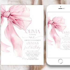 May include: A pink watercolour bow on a white background. The text "Olivia is turning one" and "Join us to celebrate Olivia's first birthday" is written in a pink script font. The date, time, and address are listed below the text. This is a printable invitation for a first birthday party.