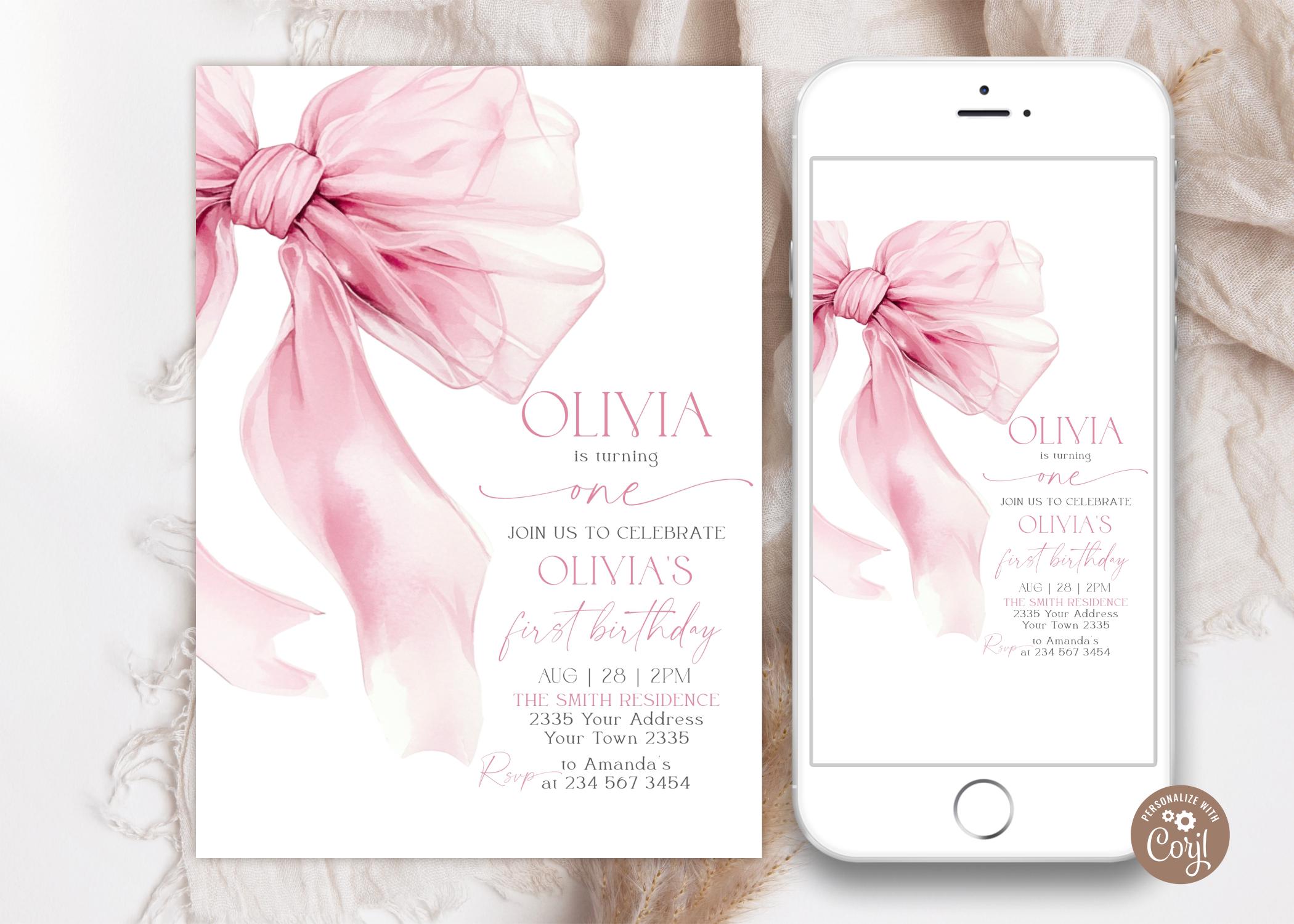 Editable Pink Bow Birthday Invitation. Soft Pastel Pink Bow 1st Birthday Invite. Watercolor Dusty Pink Ribbon Minimalist. Any Age.