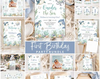 Editable Oneder the Sea Invitation Bundle, Digital Ocean Theme 1st Birthday Party Decor Kit