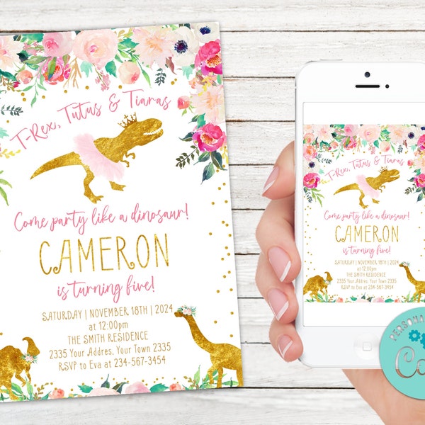 Editable Floral Dinosaur Birthday Invitation. T-Rex, Tutus & Tiaras. Dinosaur Birthday Invitation. Dinosaur Theme. Pink and Gold. Any age.