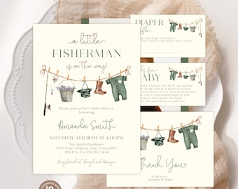 Editable Fishing Baby Shower Invitation Set.  A Little Fisherman Is On The Way Baby Shower Invite. Reel Fish Fishing Outdoors Boy Clothes.