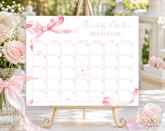 Editable Pink Bow Baby Shower Due Date Calendar Game (Digital), Guess Baby's Birthday, Birthday Prediction, Dusty-Pink Ribbon