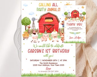 Editable Farm First Birthday Invitation. Boy Barnyard Birthday Party. Party Animal Birthday Invite. Red Farm. Farm Animals. Boy Farm Party.