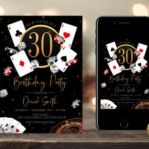 Invitation d'anniversaire de casino modifiable. Invitation d'anniversaire de poker.  Invitation à une soirée casino. Fête de départ à la retraite au casino. Jeu de cartes As. Soirée poker