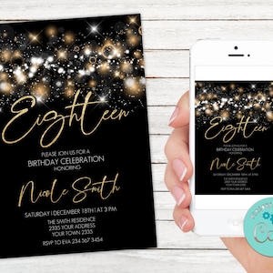 Editable 18th Birthday Invitation. Eighteenth Birthday. Gold 18th Birthday. Black and gold glitter 16th birthday invite. Gold Glitter.