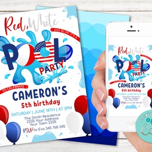 Editable Red White and Blue Pool Birthday Party. 4th of July Pool Party Birthday. 4th of July Invite. Independence Day Birthday. Patriotic.