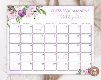 Lilac Floral Baby Shower Baby Due Date Calendar Game. Guess Baby's Birthday. Lilac Floral Birthday Prediction. Blush Lavender Games.