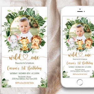 Editable Safari Birthday Invitation. Wild One Birthday Evite with Photo. Safari 1st Birthday Electronic Invite. Jungle Birthday. 1st First.