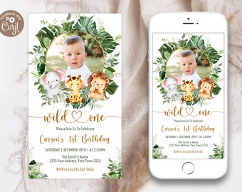 Editable Safari Birthday Invitation. Wild One Birthday Evite with Photo. Safari 1st Birthday Electronic Invite. Jungle Birthday. 1st First.