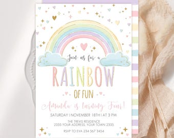 Rainbow Birthday Invitation, Pastel Colors (Editable Digital Item)